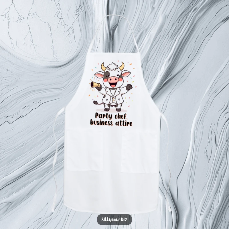 Funny Cow Apron: A cheerful cow in a blazer firing confetti, making kitchen tasks a joyful and funny celebration.