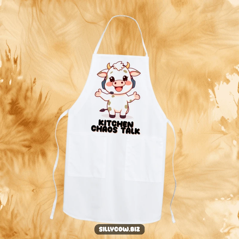 Funny apron with a happy cow wearing a headset, gesturing enthusiastically while talking, ready for culinary conversations with humor.