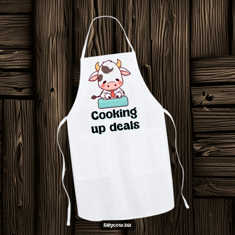 Funny apron depicting a cartoon cow wearing a tie, enthusiastically typing on a small keyboard, ready for culinary adventures with humor.