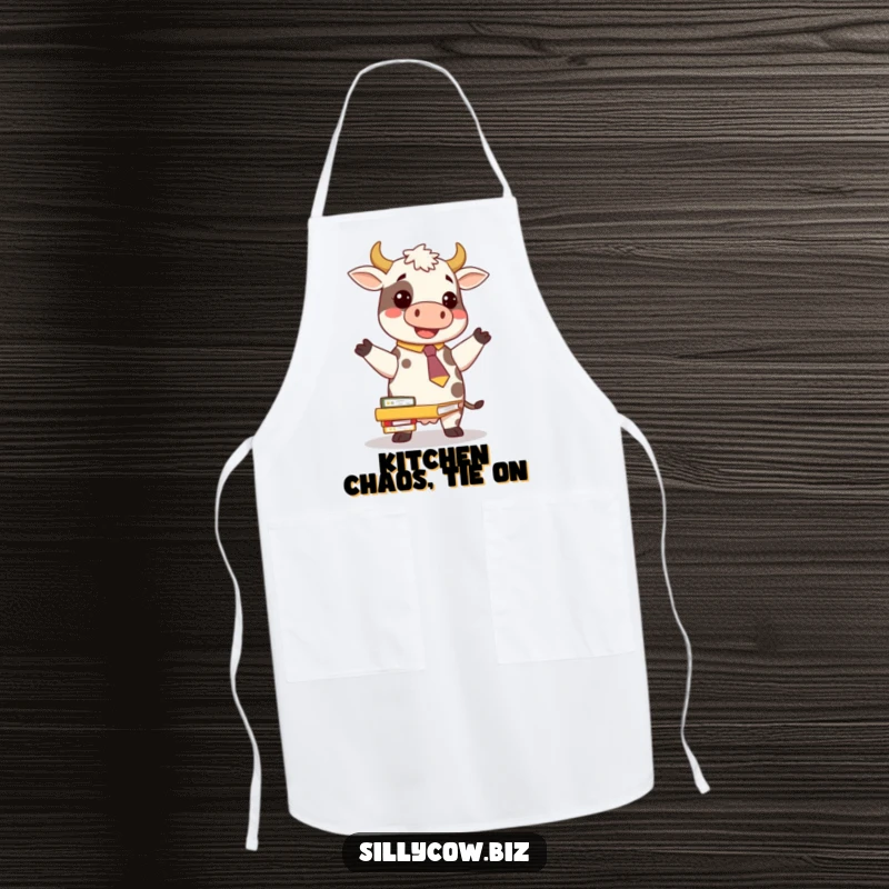 Funny Cow Apron: A cow wearing a novelty tie comically balancing folders, perfect for a humorous kitchen experience.