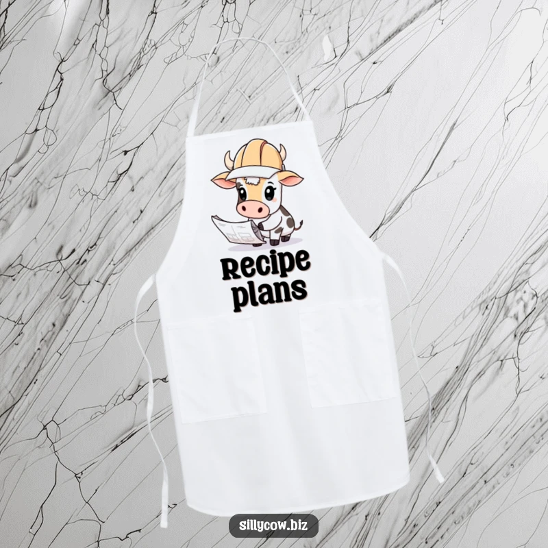 Funny Cow Apron: Cow wearing a hard hat looks curiously at blueprints, adds humor to building.