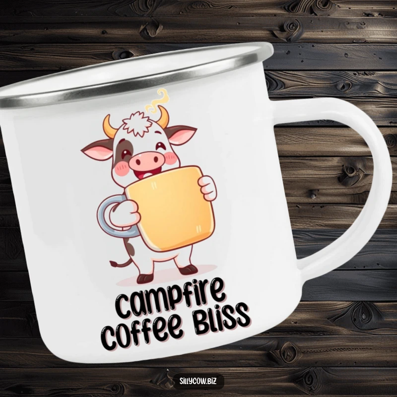 Funny Cow Camping Mug: A happy cow holds a giant coffee mug with steam, perfect for outdoor drinks with a humorous touch.