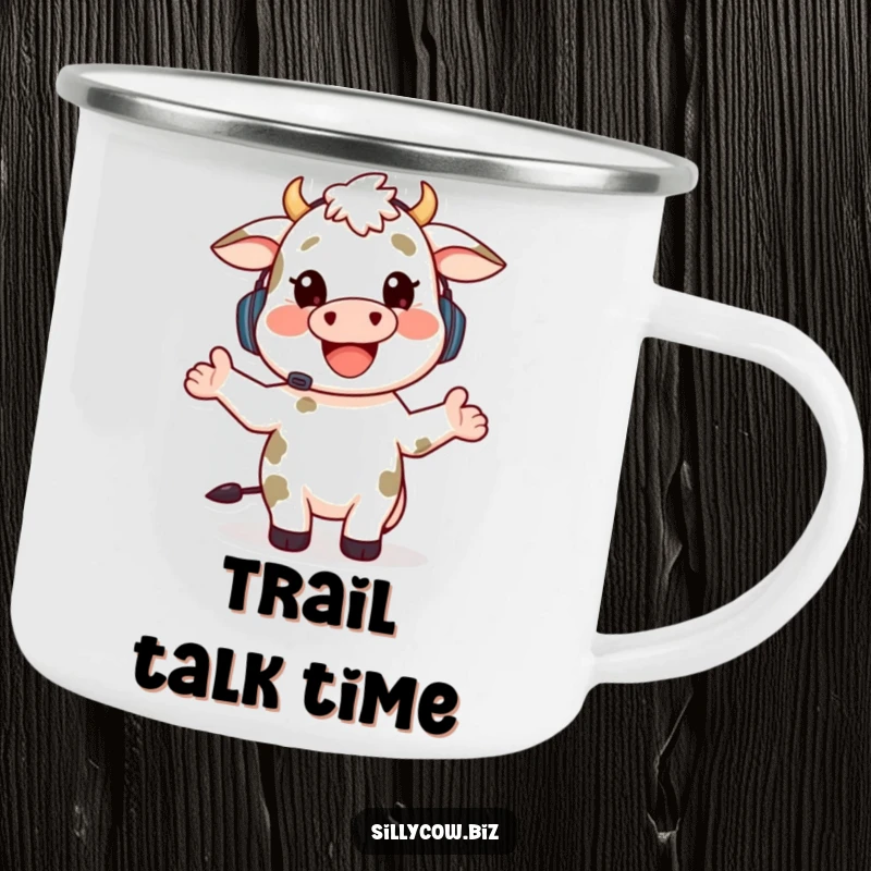 Funny camping mug with a happy cow wearing a headset, gesturing enthusiastically while talking, perfect for outdoor conversations.