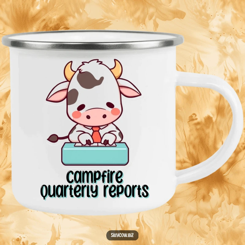Funny camping mug featuring a cartoon cow in a tie, typing with great enthusiasm on a small keyboard, ready for outdoor fun.