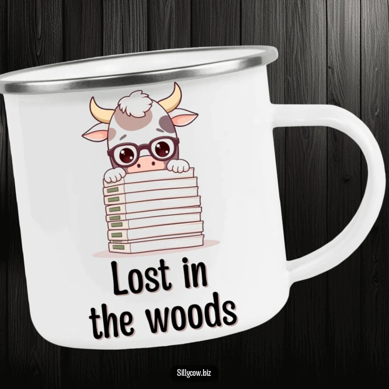 Funny camping mug with a silly cow wearing glasses, peeking over a large stack of files, perfect for outdoor study breaks.