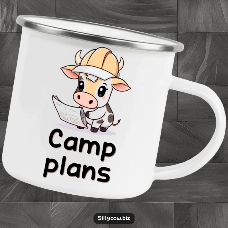 Funny Cow Camping Mug: Cow wearing a hard hat looks curiously at blueprints, ideal for builders.