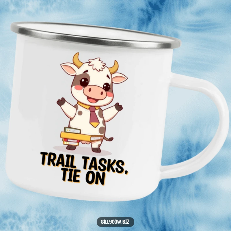 Funny Cow Camping Mug: Cow in a novelty tie comically balancing folders, perfect for outdoor adventures and office humor.