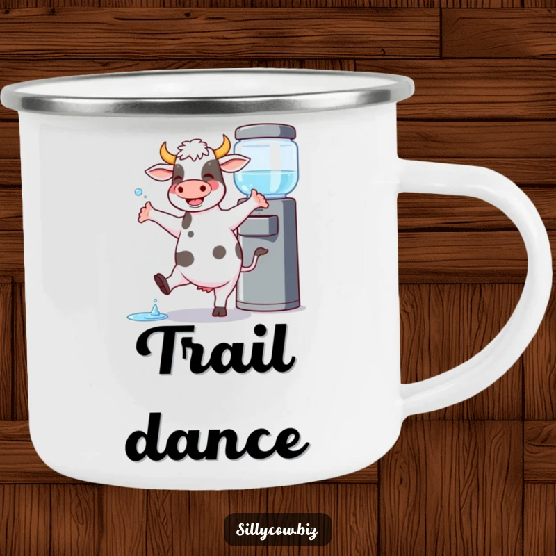 Funny Cow Camping Mug: Cow joyfully dances by a water cooler, spilling a little, ideal for camping.