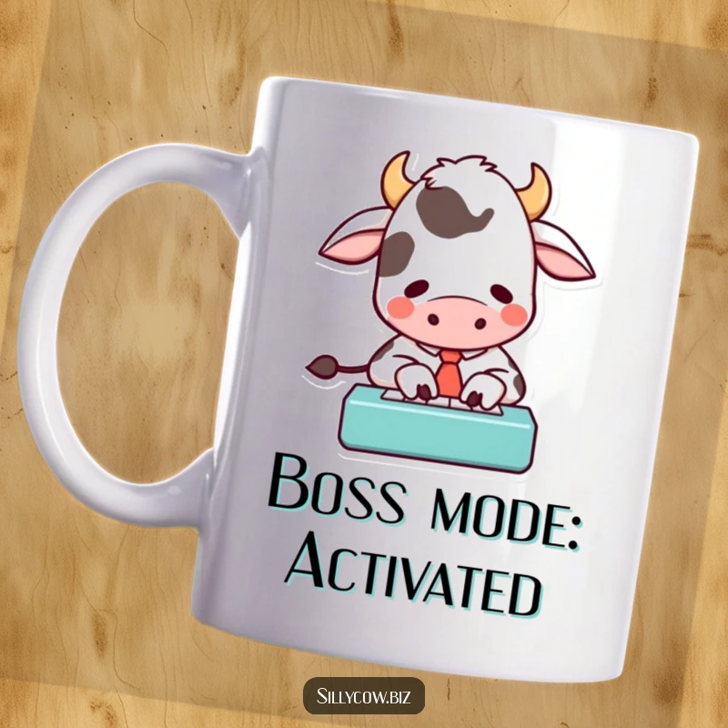 Funny mug showcasing a determined cartoon cow in a tie, typing with intense focus on a tiny keyboard, perfect for office humor.