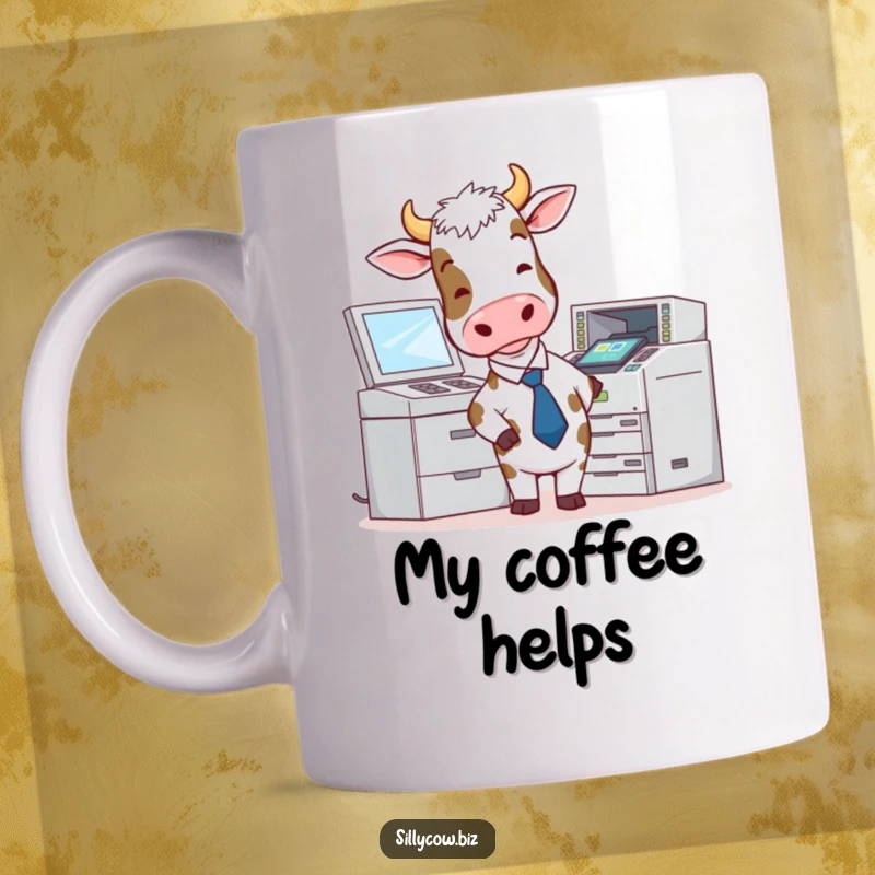 Funny Cow Mug: Cow in a tie struggles with a malfunctioning photocopier, relatable office humor.