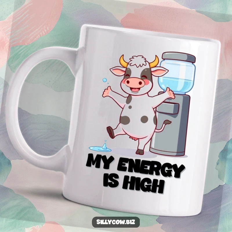 Funny Cow Mug: Cow joyfully dances by a water cooler, spilling a little, bringing office cheer.