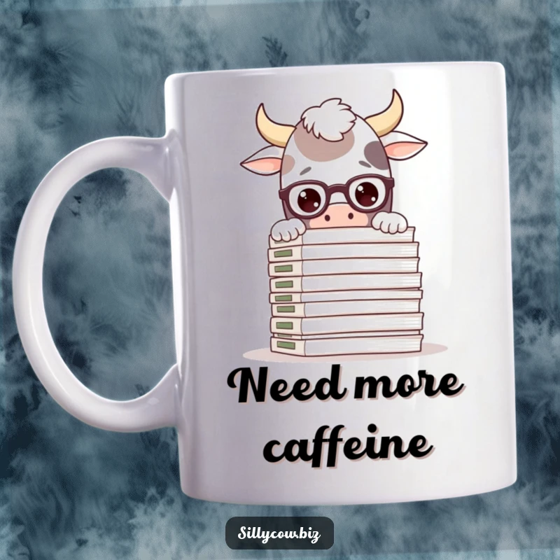 Funny mug showcasing a silly cow character wearing glasses, peeking over a huge stack of files, perfect for bookworms and office humor.