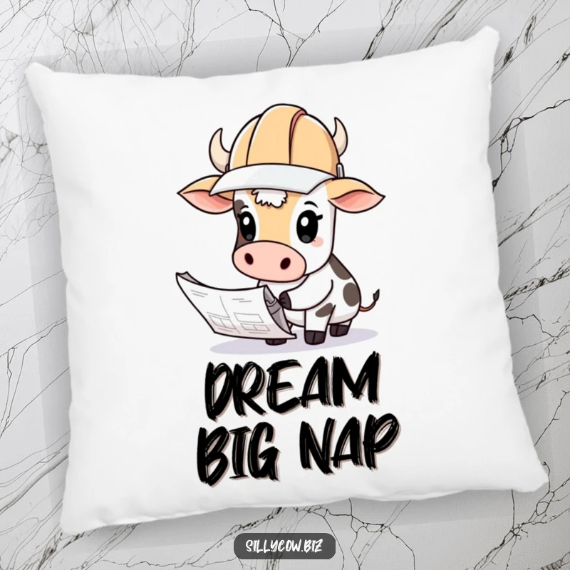 Funny Cow Pillow: Cow wearing a hard hat looks curiously at blueprints, soft and humorous cushion.