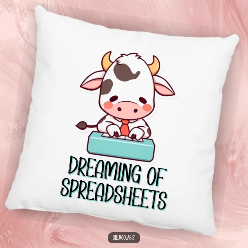 Funny pillow showcasing a cartoon cow in a tie, typing with great energy on a small keyboard, a comfortable and humorous decor item.