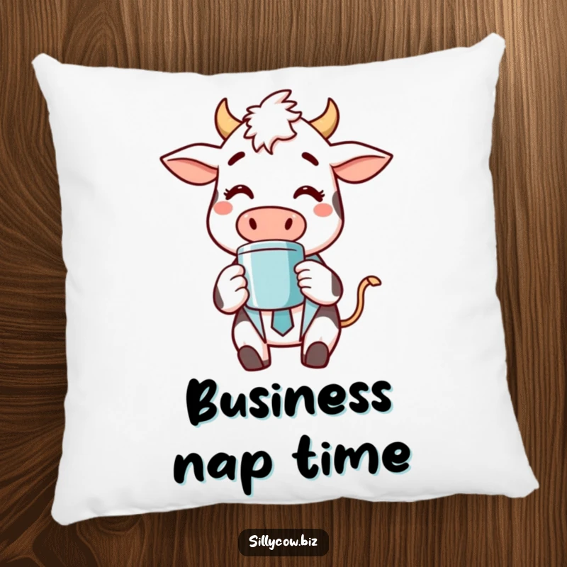 Funny pillow with a cheerful cow in a business suit, happily sipping coffee, offering comfort and a humorous touch to home decor.