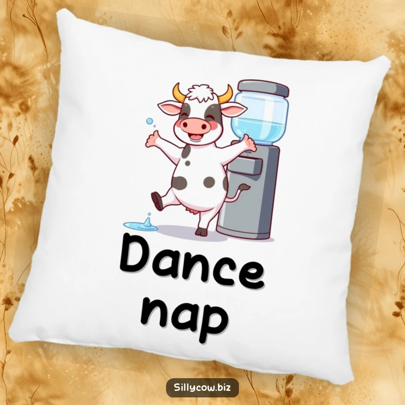 Funny Cow Pillow: Cow joyfully dances by a water cooler, spilling a little, soft and humorous cushion.