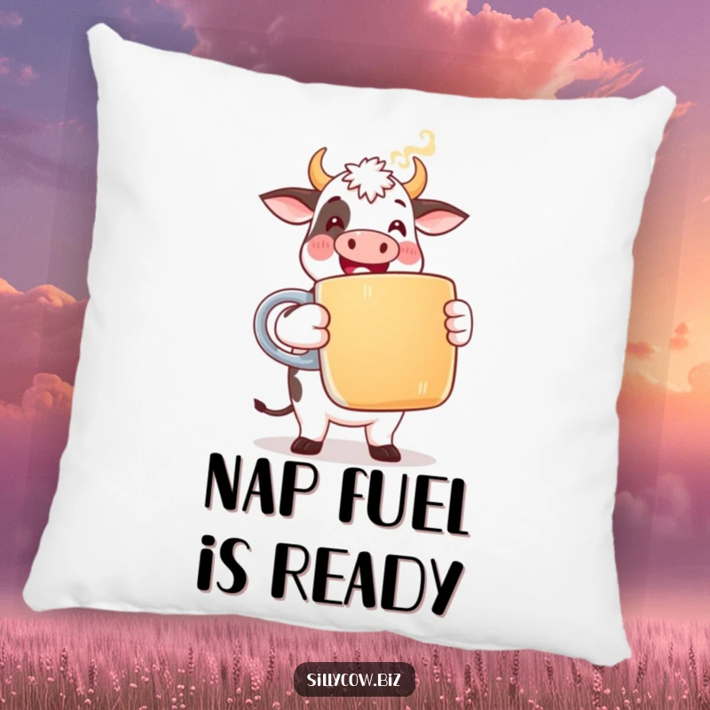 Funny Cow Pillow: A plush cushion featuring a happy cow in office attire holding a giant coffee mug with steam, for cozy humor.