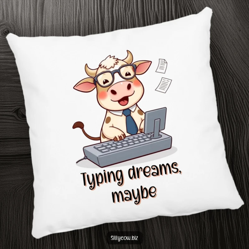 Funny Cow Pillow: A cute, round cow in a tie and glasses types on a large keyboard, surrounded by flying papers, for cozy humor.