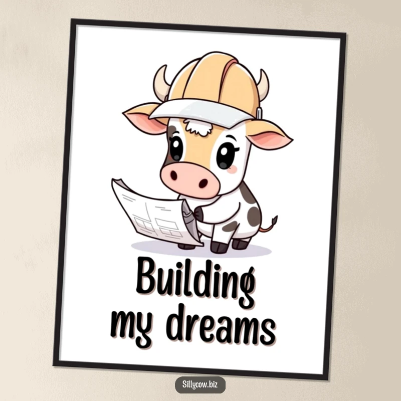 Funny Cow Digital Art: Cow wearing a hard hat looks curiously at blueprints, adds construction humor.