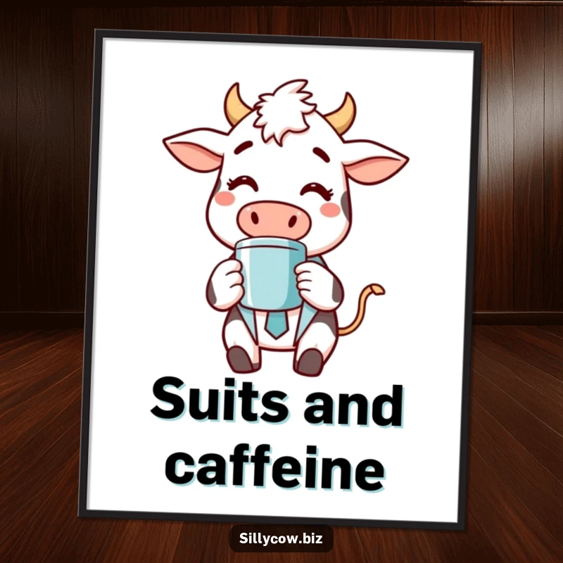Funny digital art print of a cheerful cow in a business suit happily sipping coffee, bringing instant humor and style to any room.