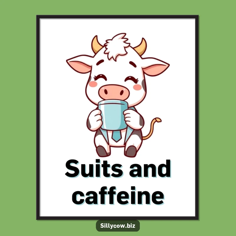 Funny Cow Business Art Print: Cheerful Cow in Suit, Coffee Break, Instant Gift