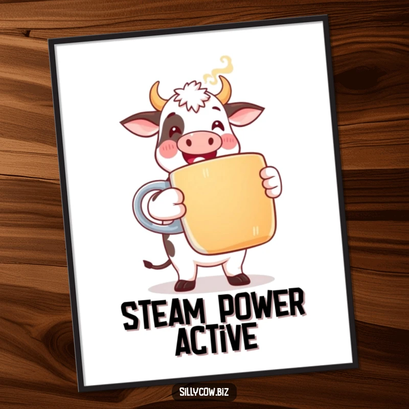 Funny Cow Digital Art: Printable artwork of a happy cow in office attire holding a giant coffee mug with steam, for decor.