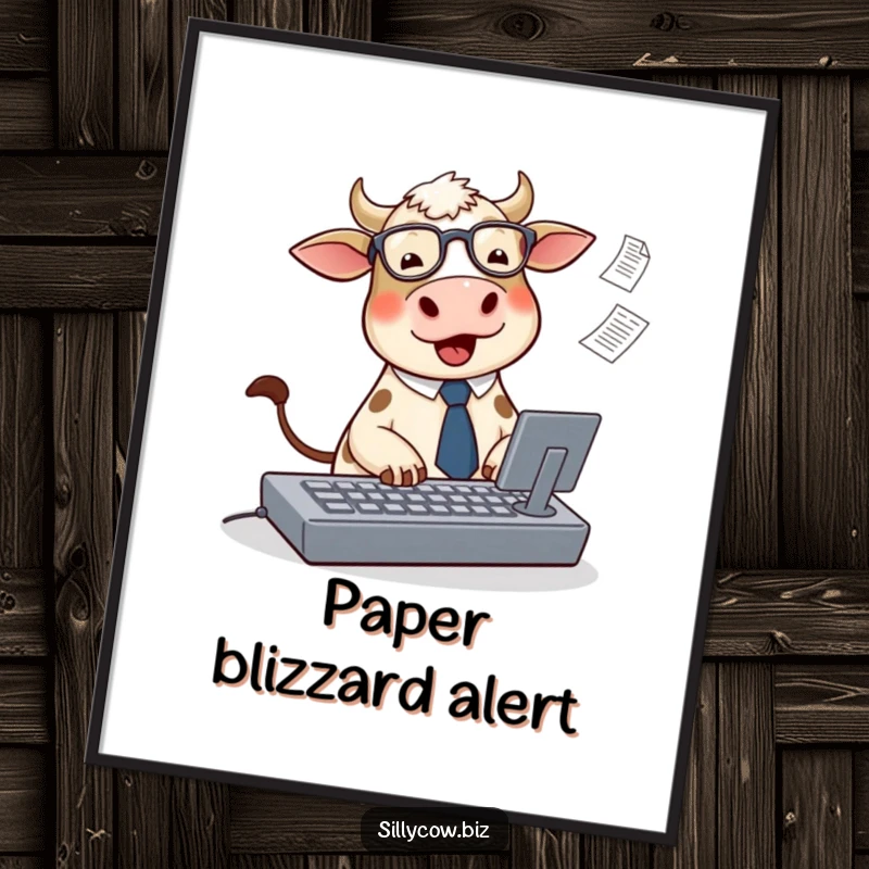 Funny Cow Digital Art: Printable artwork of a cute cow typing on a large keyboard with papers flying, for humorous decor.