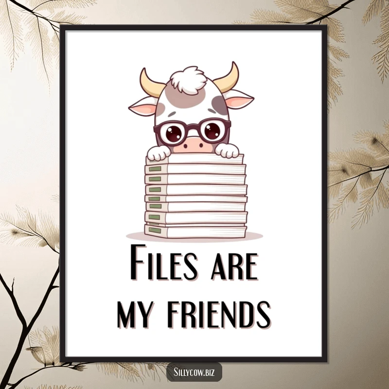 Funny digital art print of a silly cow wearing glasses, peeking over a large stack of files, perfect for humorous study decor.