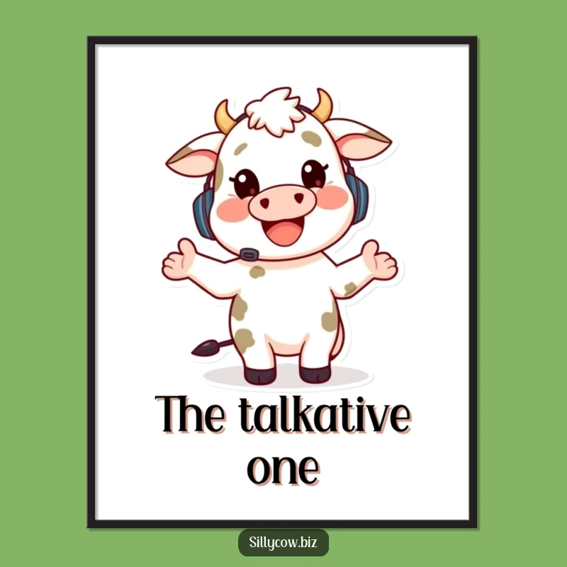 Funny Cow Support Art Print: Happy Cow Headset, Gesturing, Instant Decor Gift