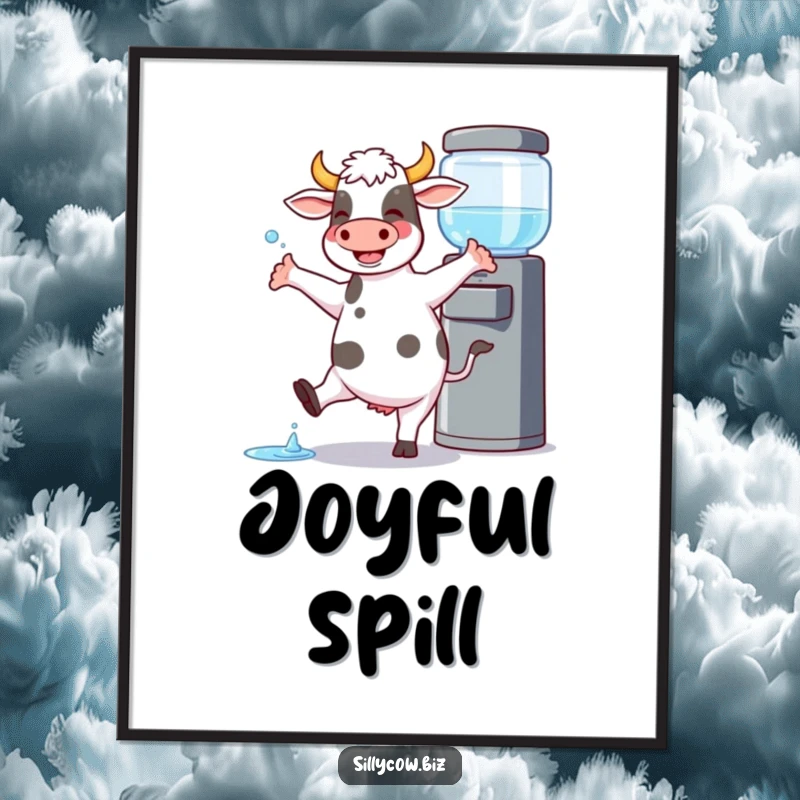 Funny Cow Digital Art: Cow joyfully dances by a water cooler, spilling a little, adds energy and humor.