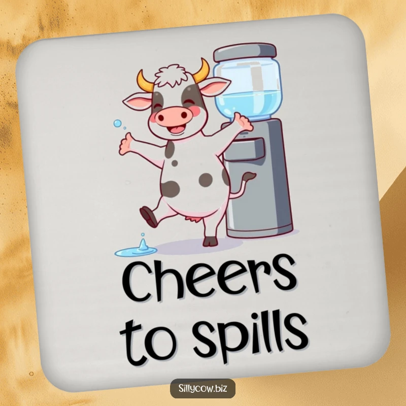 Funny Cow Coaster: Cow joyfully dances by a water cooler, spilling a little, protects surfaces with humor.