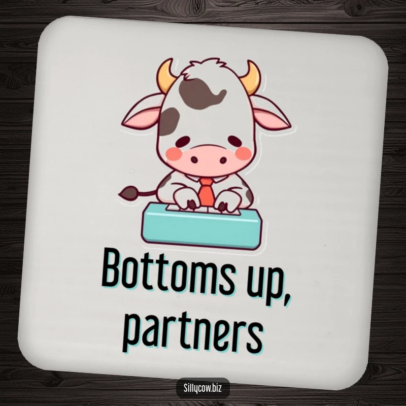 Funny drink coaster showcasing a cartoon cow in a tie, typing with great energy on a small keyboard, protecting surfaces with humor.