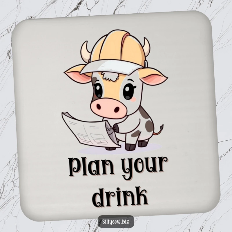 Funny Cow Coaster: Cow wearing a hard hat looks curiously at blueprints, protects surfaces with humor.
