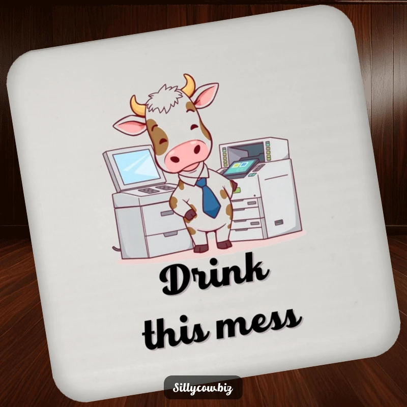 Funny Cow Coaster: Cow in a tie attempts to use a malfunctioning photocopier, protects surfaces with humor.