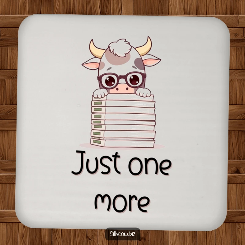 Funny drink coaster featuring a silly cow wearing glasses, peeking over a large stack of files, a humorous and protective accessory.