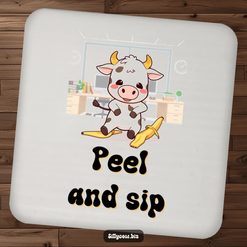 Funny Cow Coaster: Kawaii cow comically slips on a banana peel in an office, protects surfaces humorously.