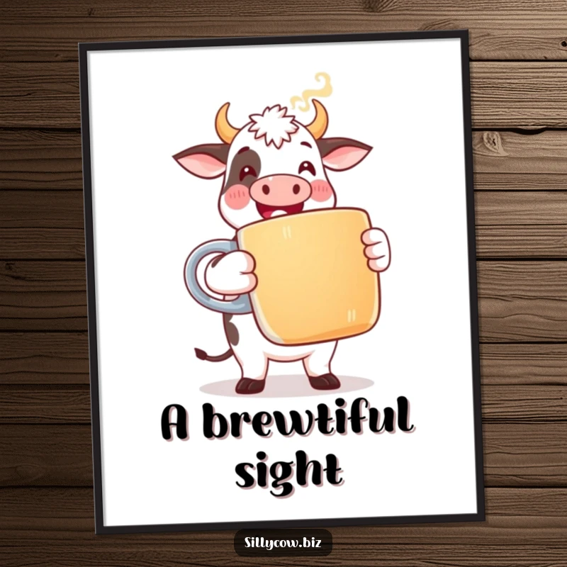 Funny Cow Poster: Artwork of a happy, stylized cow in office attire holding a giant coffee mug with comically rising steam.