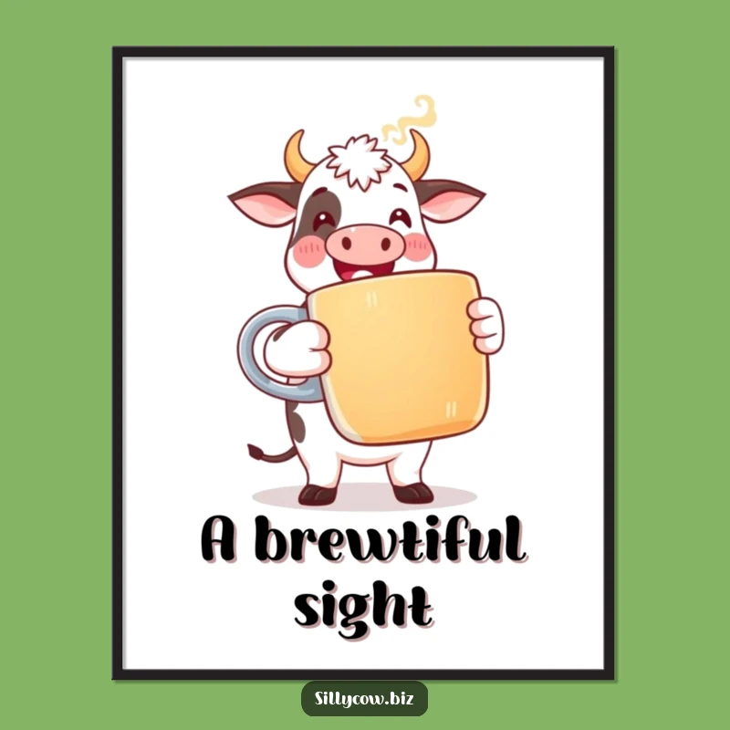 Funny Cow Coffee Poster: Happy Office Cow Art, Whimsical Humorous Gift!