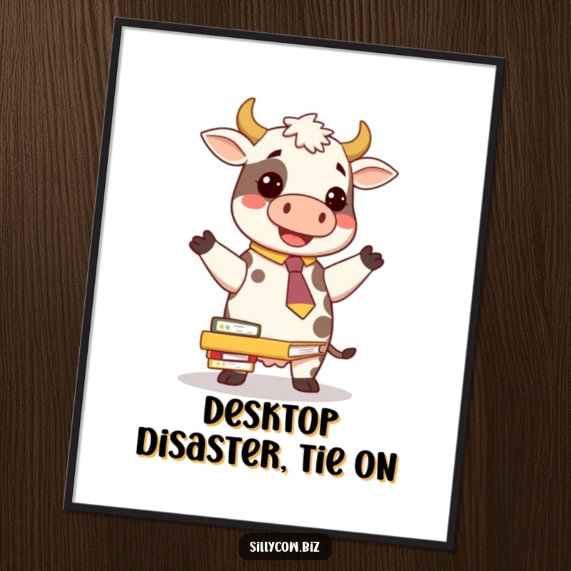 Funny Cow Poster: A cow in a novelty tie comically balancing a stack of folders, adding office humor to any room.