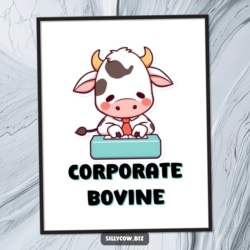 Funny poster showing a cartoon cow with a tie, enthusiastically typing on a tiny keyboard, adding a humorous artistic touch to any room.