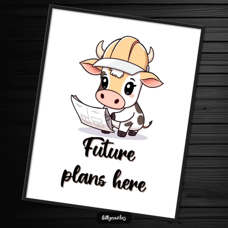 Funny Cow Poster: Cow wearing a hard hat looks curiously at blueprints, humorous construction art.