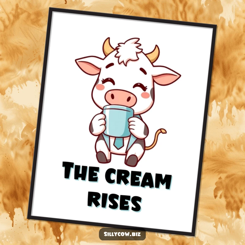 Funny motivational poster showing a cheerful cow in a business suit enjoying a coffee, bringing humor and style to any room.