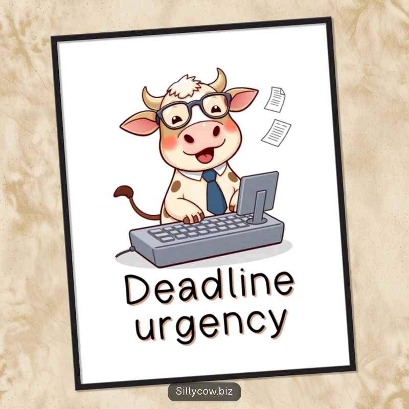 Funny Cow Poster: Artwork of a cute, round cow in glasses and a tie typing on an oversized keyboard with papers flying everywhere.