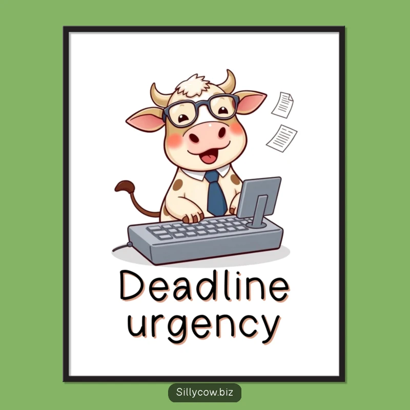 Funny Cow Office Poster: Cute Typing Cow Art, Whimsical Humorous Gift!