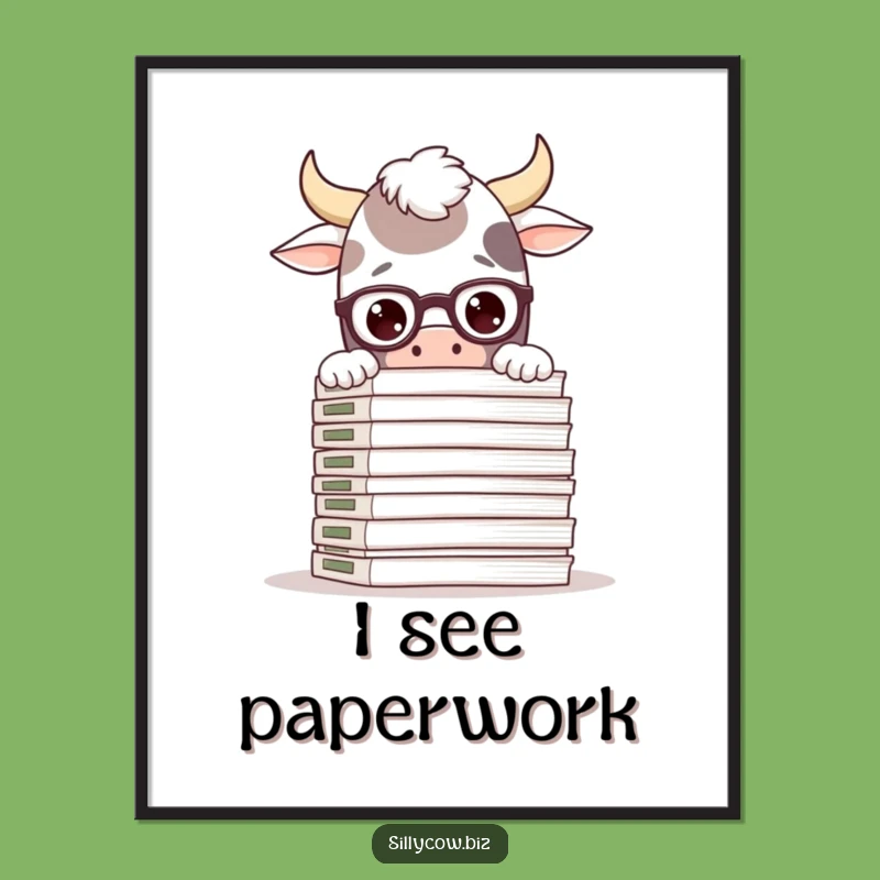 Funny Cow Study Poster: Silly Cow in Glasses, Files, Quirky Wall Art Gift