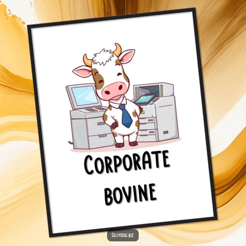 Funny Cow Poster: Cow in a tie attempts to use a malfunctioning photocopier, humorous office wall art.