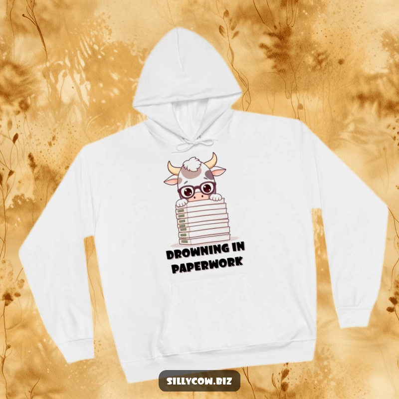 Funny hoodie featuring a silly cow character wearing glasses, peering over a large stack of files, cozy and humorous.