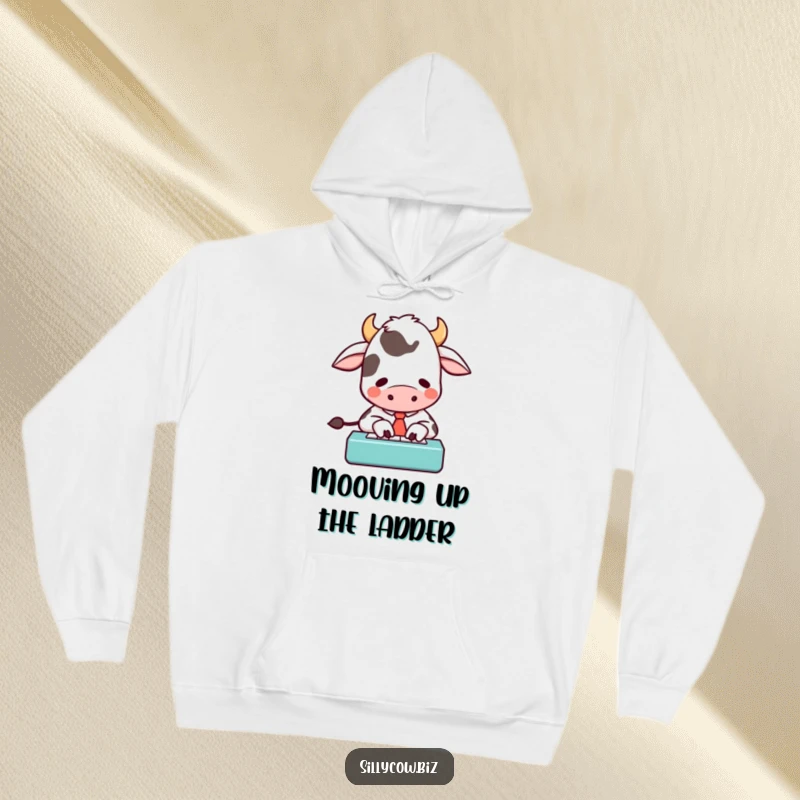 Funny hoodie featuring a cartoon cow character in a tie, enthusiastically typing on a tiny keyboard, a cozy and humorous gift.