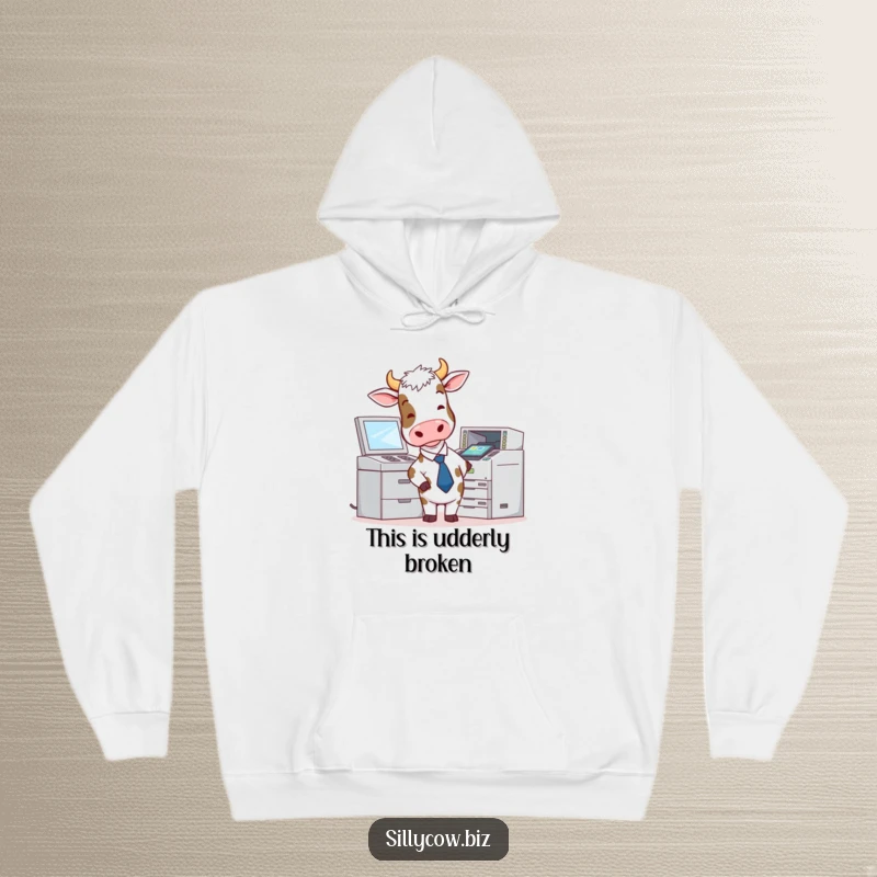 Funny Cow Hoodie: Cow in a tie fights a malfunctioning photocopier, cozy and humorous apparel.