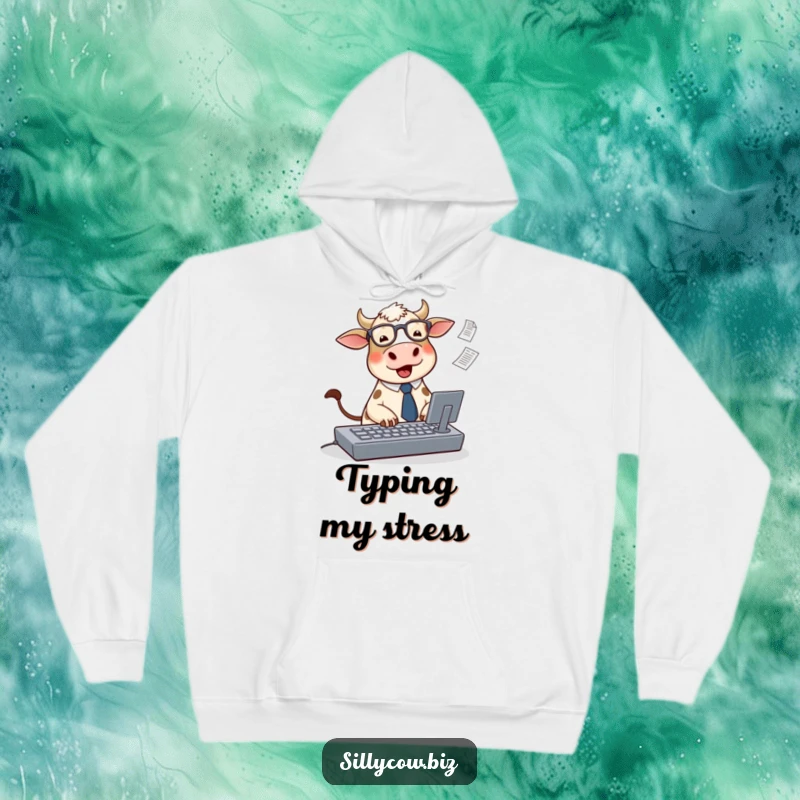 Funny Cow Hoodie: A cute, round cow in a tie and glasses types on a large keyboard amidst scattered papers, offering cozy humor.